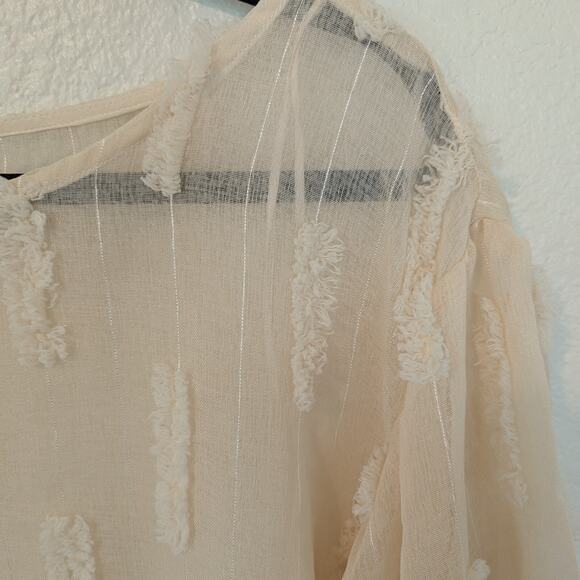 Oddi Cream Beige Linen Like Textured Weave Balloon Sleeve Blouse Size XL Beachy - Picture 6 of 8